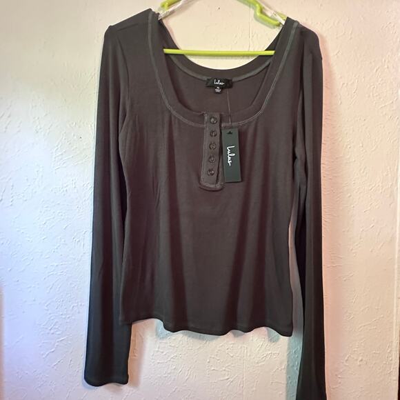 Lulus Everyday Hunter Green Ribbed Long Sleeve Cropped Henley Top Size XL NWT - Picture 1 of 6